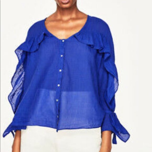 ZARA NEW Ruffles Ties Cotton Lightweight Flowy Button Shirt Blouse Top BlueFairy - Picture 1 of 8